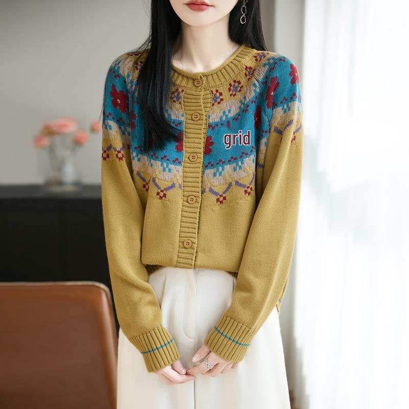 2026 Spring-Autumn Sticky Rice Velvet Knit Cardigan - Thick Rolled Edge, Round Neck, Jacquard Design for Women.