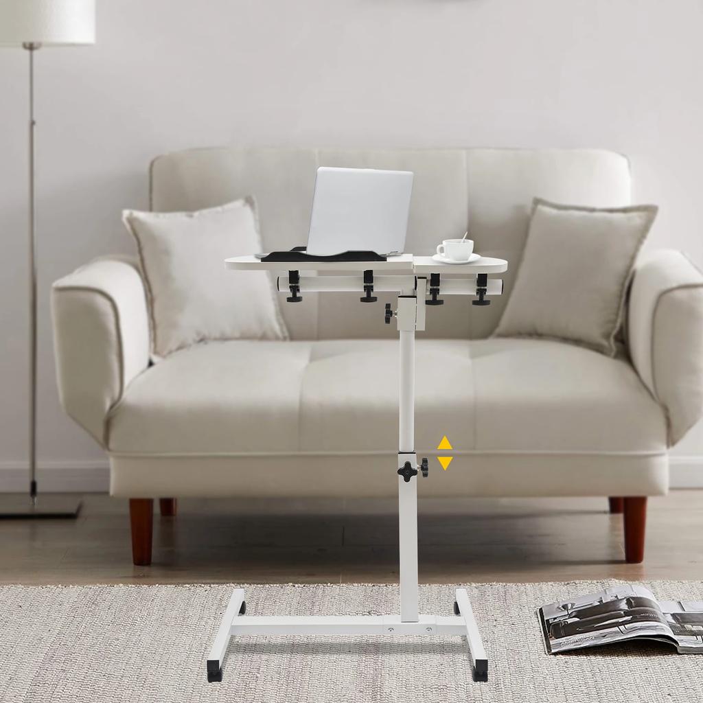 Bymaocar Adjustable Rolling Laptop Table with Wheels & Divided Board,White Waterproof Computer Desk for Bedroom, Office, Study
