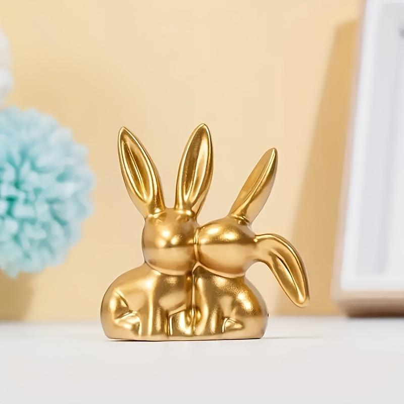 1 Stück Goldener Kuss Paar Hase Figur Einzigartige Ästhetische Harz Statue Vielseitige Innen Außen Dekoration für Zuhause Büro Regal