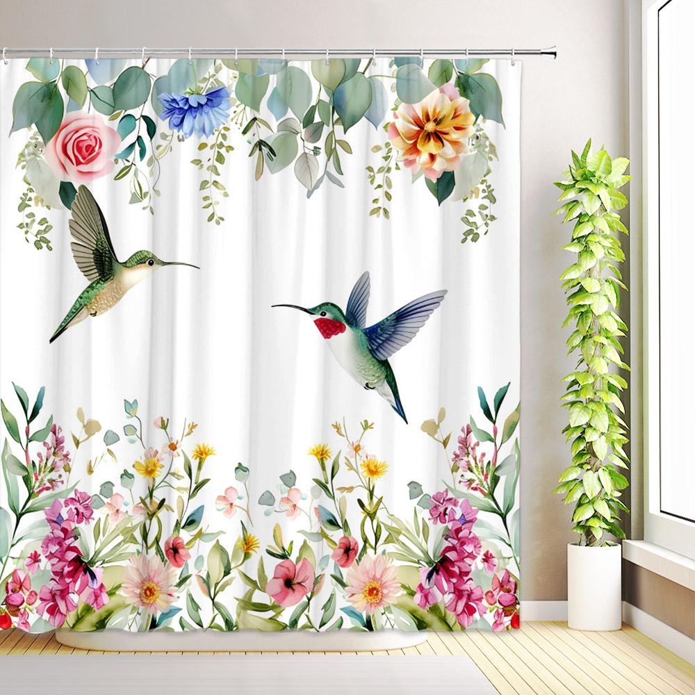 Hummingbird Floral Shower Curtain Butterfly Flower Plants Birds Watercolour Leaves Bath Curtains Home Bathroom Decor with Hooks