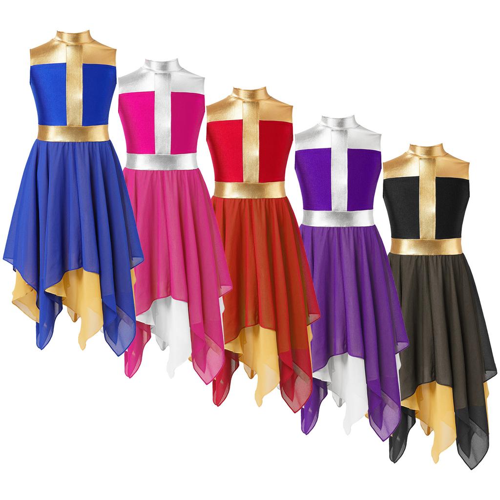 Girls Worship Dance Dress Sleeveless Chiffon Hem Contrast Design Praise Lyrical Performance Costume