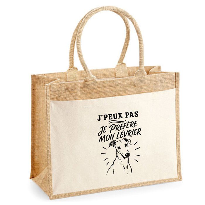 Sac cabas - PLANETEE - J'peux pas je préfère mon Lévrier - Toile de jute & coton - 21 L (43×33×21 cm) - Illustration trait noir