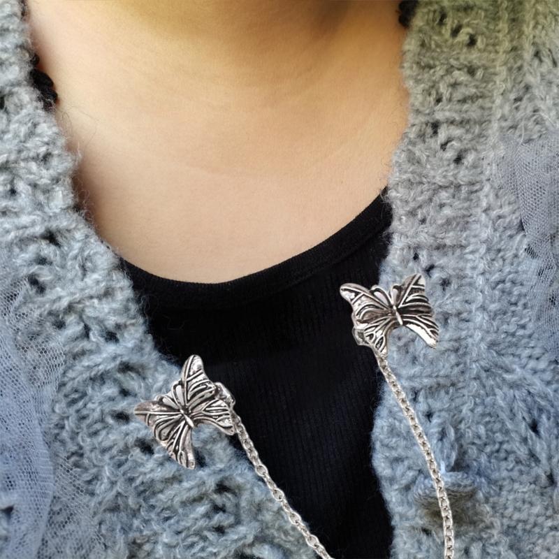 Women's Metal Chain Shirt Neck Collar Clip with Antique Bowknot Designs Blouse Sweater Cardigan Lapel Clip for Suits