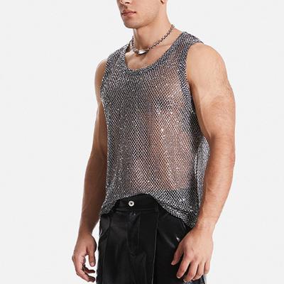 Sommer Pailletten Gehäkeltes Nachtclub Top mit Schwerer Handwerkskunst Transparent und Sexy Herren Tanktops