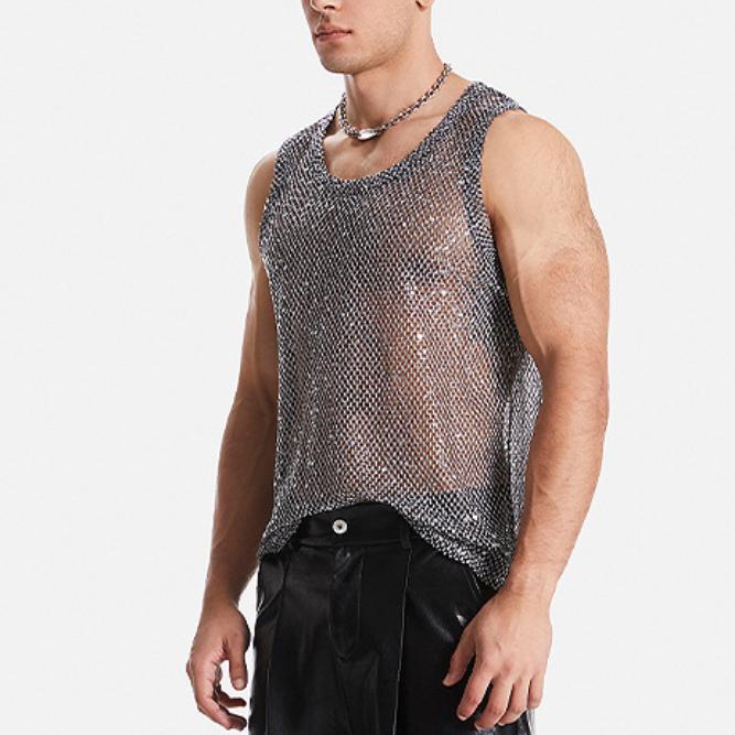 

Summer Sequined Hollowed Out Nightclub Top with Heavy Craftsmanship Transparent and Sexy Men’s Tank Tops XL