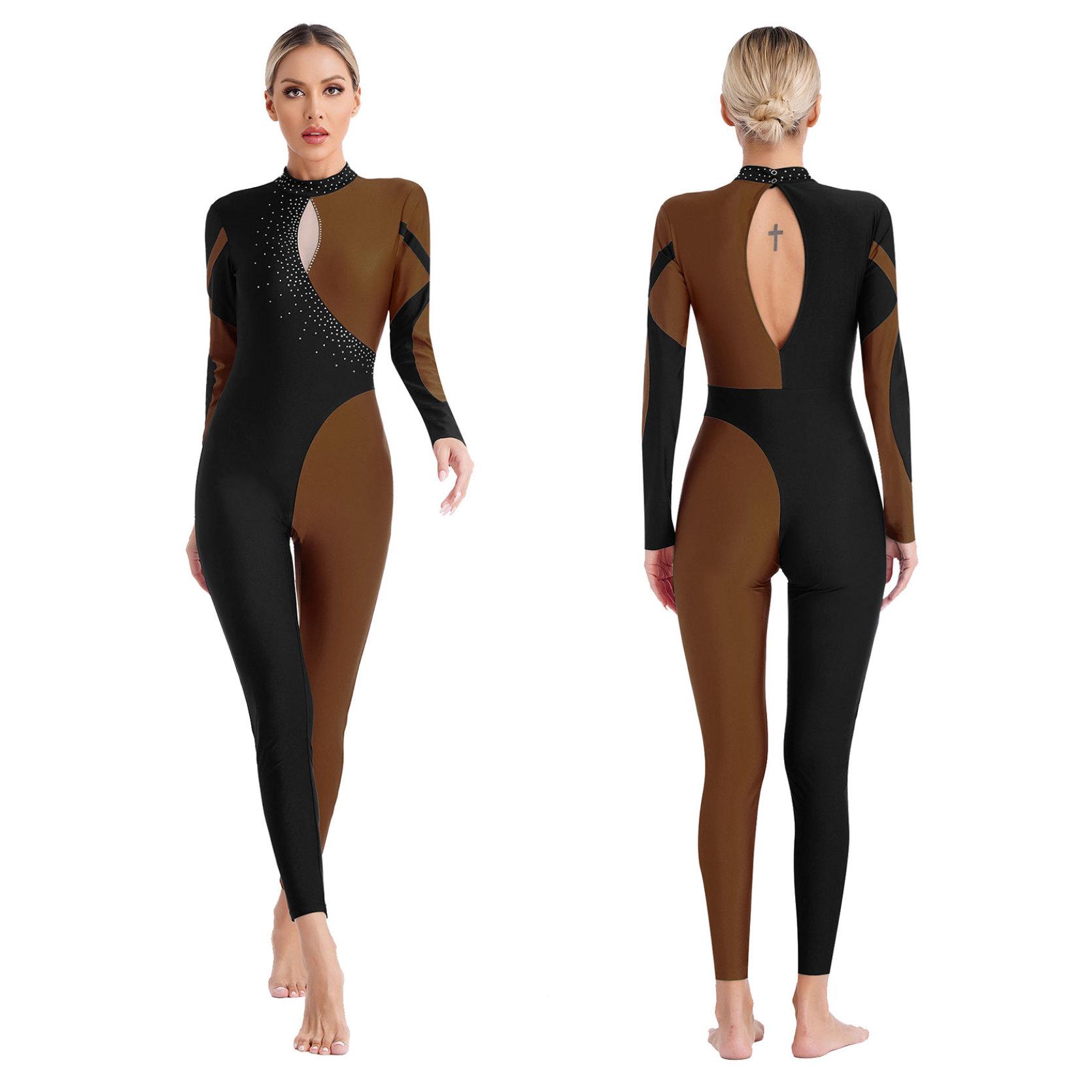 

Жіночий гімнастичний танцювальний костюм для фігурного катання Комбінезон у стилі печворк контрастного кольору з блискучими стразами і замковою щілиною на спині, з довгим рукавом, боді з макетною шиєю S коричневий
