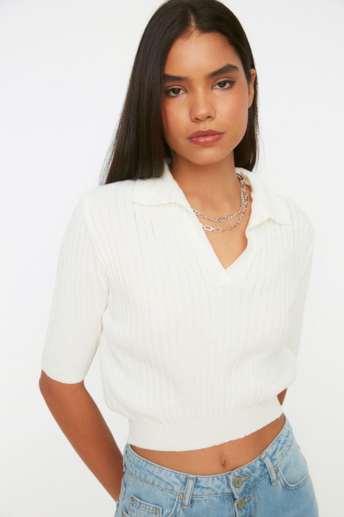 

Women s Elegance Style Sweater Ecru Crop Knitwear Blouse L