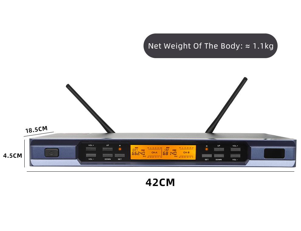 UHF Metal Wireless Microphone with Infrared Frequency Matching for Singing (One-to-Two)