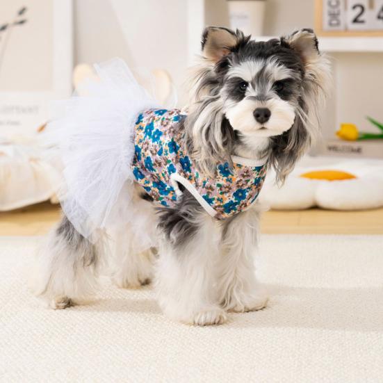 Floral Dog Dress Small Dogs Dress with White Tulle Skirt Summer Tutu Dress for Puppies Bichon Frise Schnauzer Small Breeds