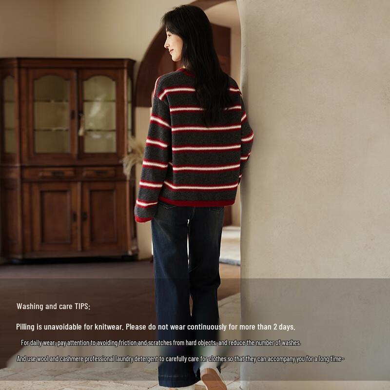 VICTORIA&VERA Women's Raccoon Velvet Wool Blend Striped Round Neck Long Sleeve Knitted Sweater