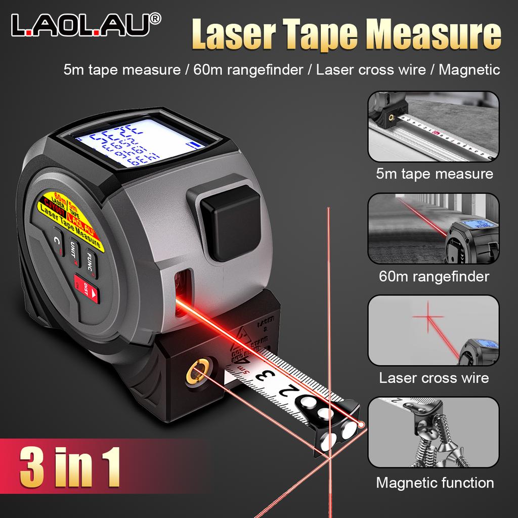 3-In-1 Laser Rangefinder Tape Measure 60M/ 40M/ Handheld Laser Meter Measuring Tool Cross Line Laser Level BUCKLE