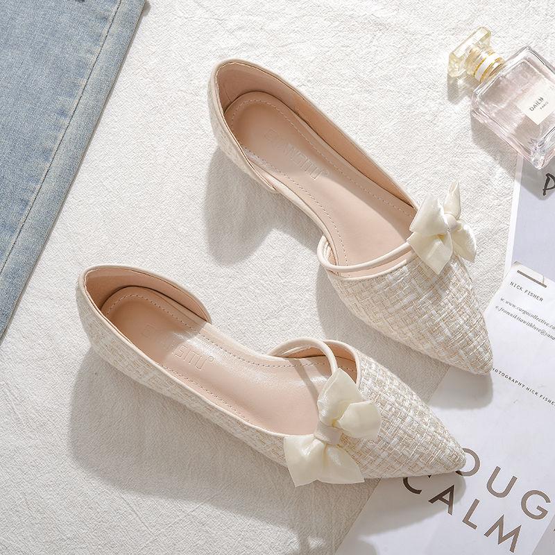 Fashion Shoes for Women with Bow Pointed Toe Evening White Woman Flats Elegant and Fashionable on Sale 2025 Trend Popular Vacation Young