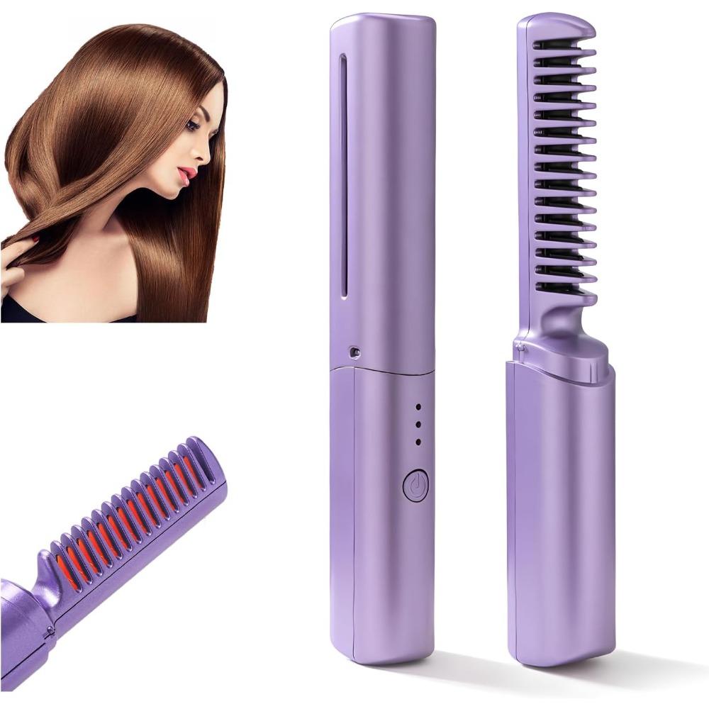 Portable wireless hair straightening brush, USB rechargeable mini hair straightener, mini flat iron with 3 adjustable temperature settings