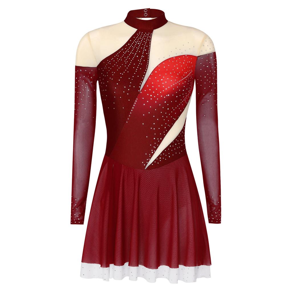 Dame Kunstløpskjole Skinnende Rhinestones Gradient Farge Mock Neck Mesh Langermet Dansetøy