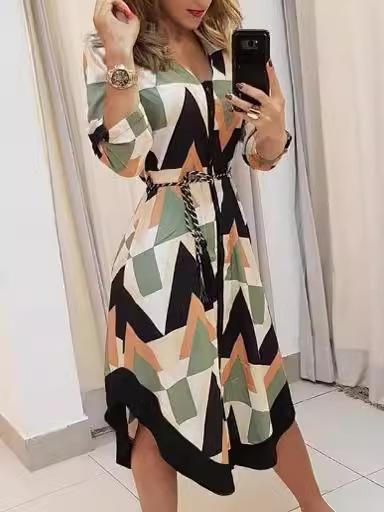 European and American women's clothing long, geometric V-neck color matching shirt with belt