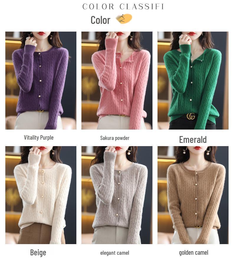 Women's Fashion Pure Wool Round Neck Cardigan - Versatile Autumn & Winter Cashmere Knitwear Sweater
