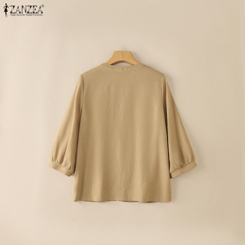 ZANZEA Blusa informal de mujer con cuello redondo, color liso, manga 3/4
