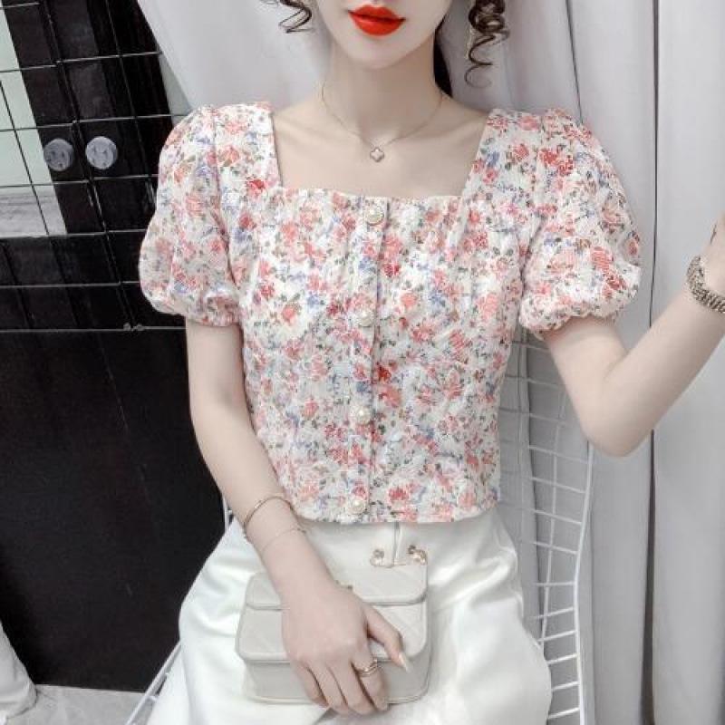 Women s Designer Floral Chiffon Puff Sleeve Crop Top with Square Neck XS