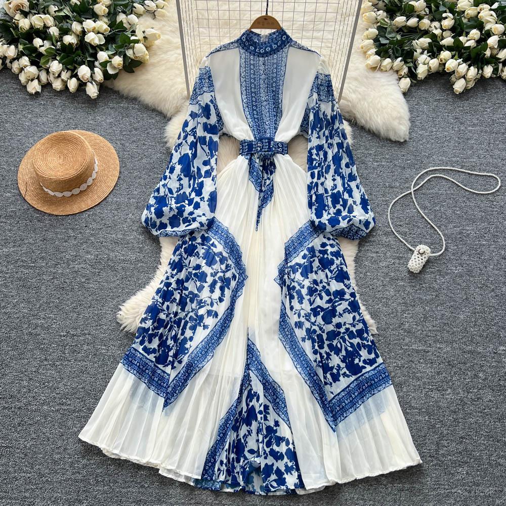 High-end temperament dress women's new French strap waist lantern sleeve positioning printing pleated long skirt