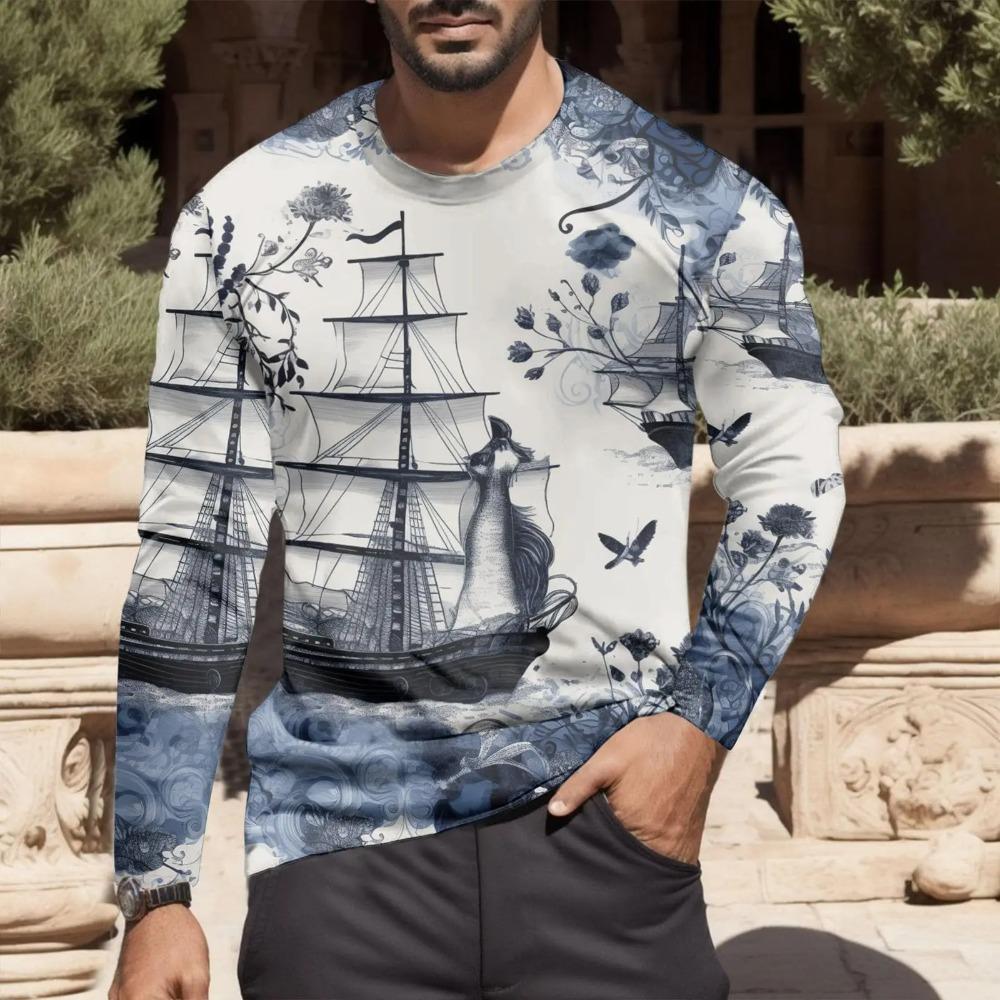Navigation Sailing Ship3D Digital Printed Men's Fashion Trend Round Neck Long Sleeved T-shirt
