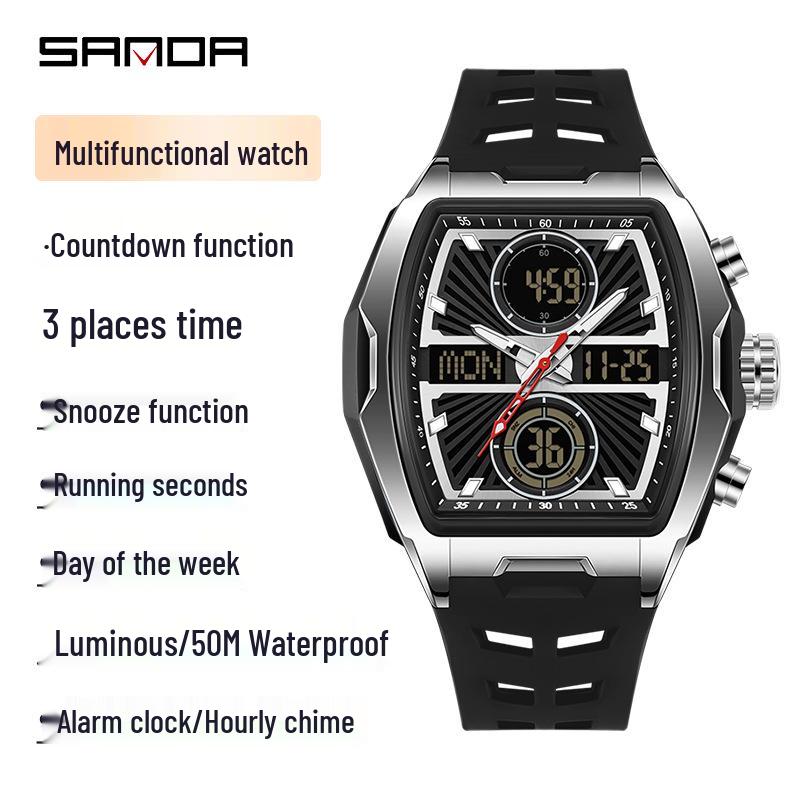 Sanda Dual Display Waterproof Barrel-Shaped Electronic Watch with Alarm for Students and Parties