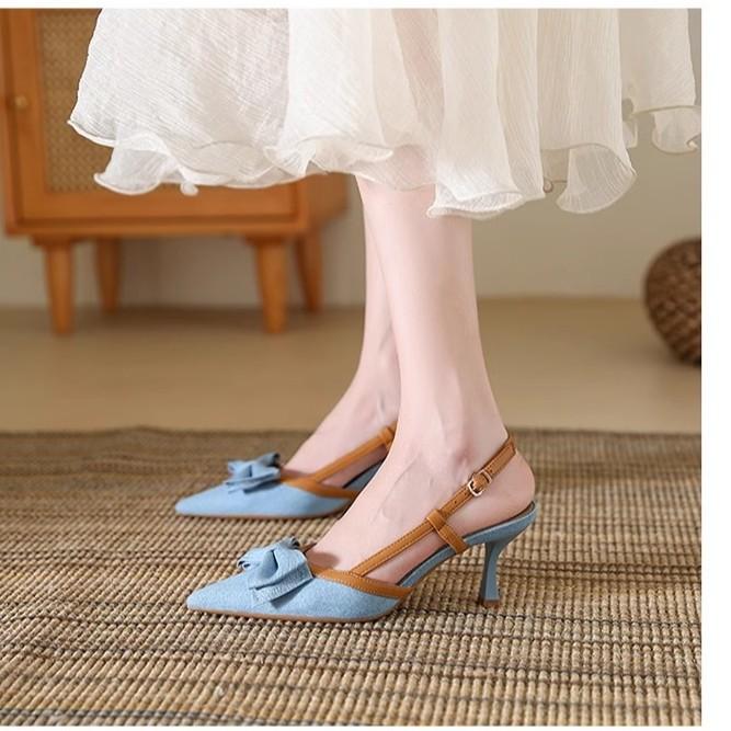 Baotou sandals women's 2025 new summer with skirt bow shallow mouth single shoes pointed stiletto high heels