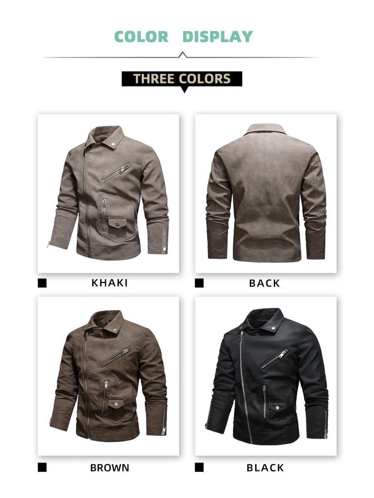 Modna Męska Skórzana Kurtka Motocyklowa w Dużym Rozmiarze z Wieloma Zamkami i Dużym Klapą
