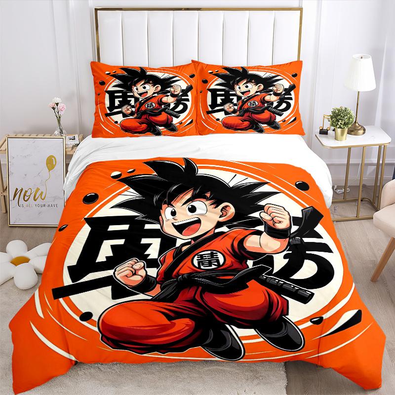 3pcs Dragon Ball Z Cute Son Goku Pattern Bedding Set, 1* Cover + 2*Pillowcases, Printed Bedding Set, Soft and Comfortable, Suitable for Bedroom a