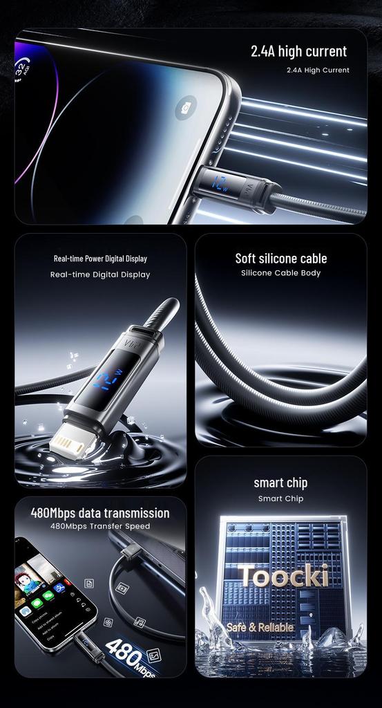 Tookci 2.4A Fast Charging Silicone Data Cable with Digital Display for iPhone 14/13/12