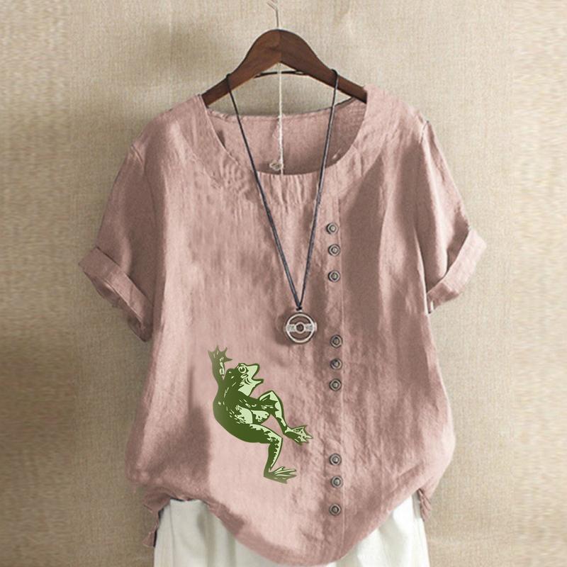 Women's Fashion Frog Prined Short Leeve T-shirt Loose Cotton Shirt Casual Loose Summer Blouse Tops Plus Size