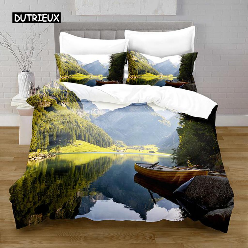 Lake Duvet Cover Set Lake Mountain Peak Stone Pattern Quilt Cover For Teens Adults Natural Scenery Theme Microfiber Bedding Set