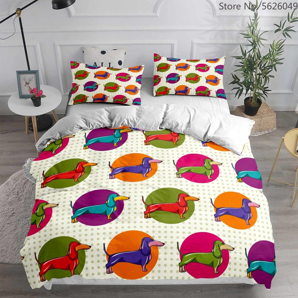 Cute Cartoon Dachshund King Queen Full Duvet Cover Pet Dog Bedding Set Lovely Animal Puppy Comforter Cover Polyester Quilt Cover