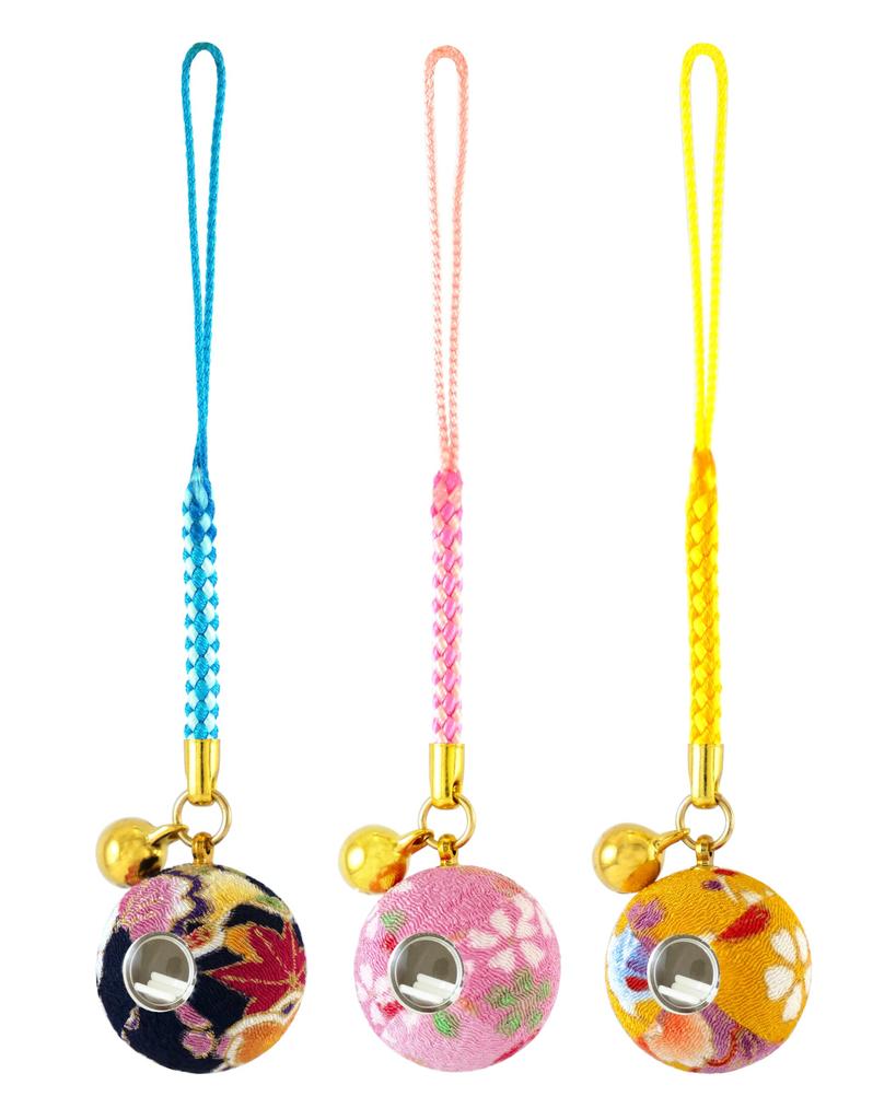 Flower Chirimen Fortune Bell Japanese Chirimen Netsuke Keychain 2 [Zune] (8mm) (3-piece Set) (Indigo, Yamabuki, Sakura)