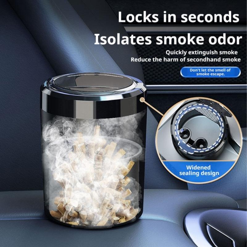 LED Auto Ashtray with Covered Press Lid and Metal Cup, Detachable Design for Car Use in Dim Indoor Rooms