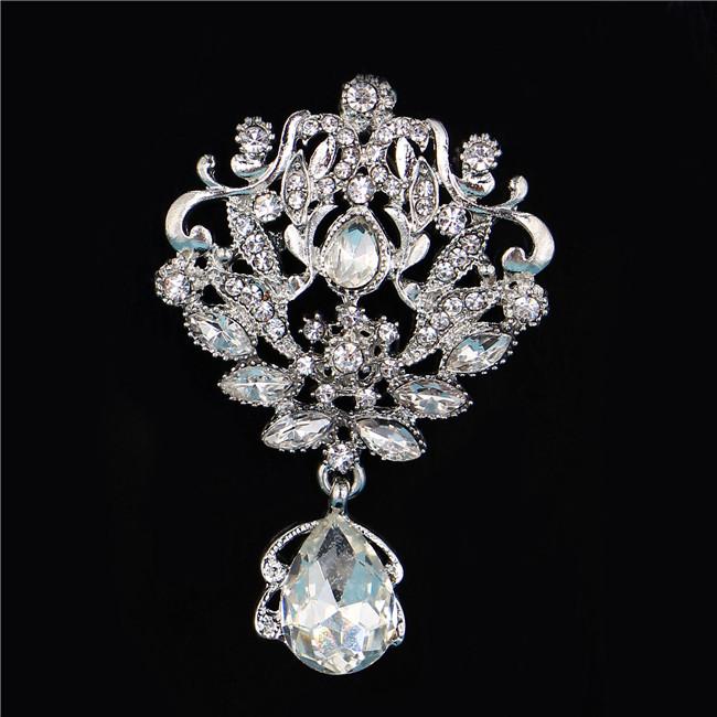 DIEZI Luxury Gold Silver Color Crystal Flower Bridal Brooches for Wedding Women Party Rhinestone Bouquet Water Drop Brooch Pins