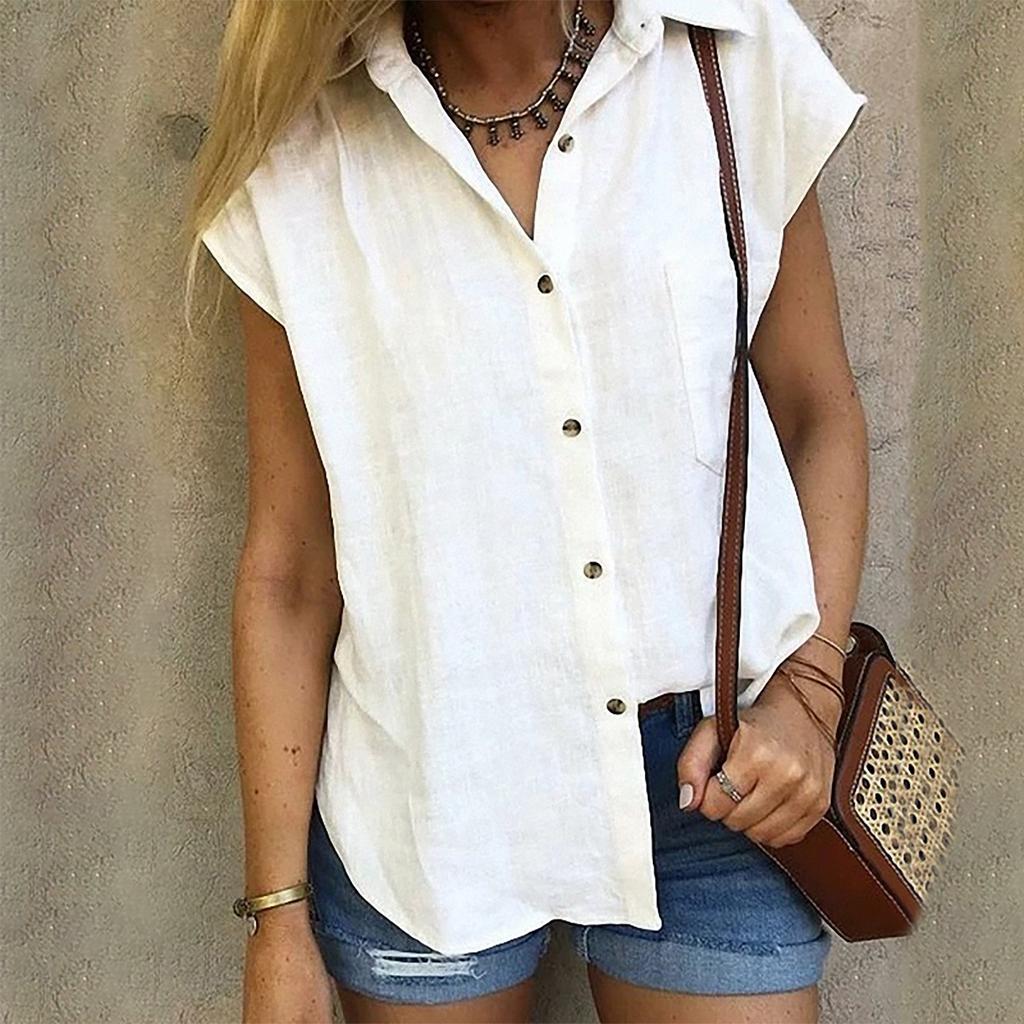 Women's Casual Loose Color Cotton Linen Lapel Short Sleeve Cardigan Tops