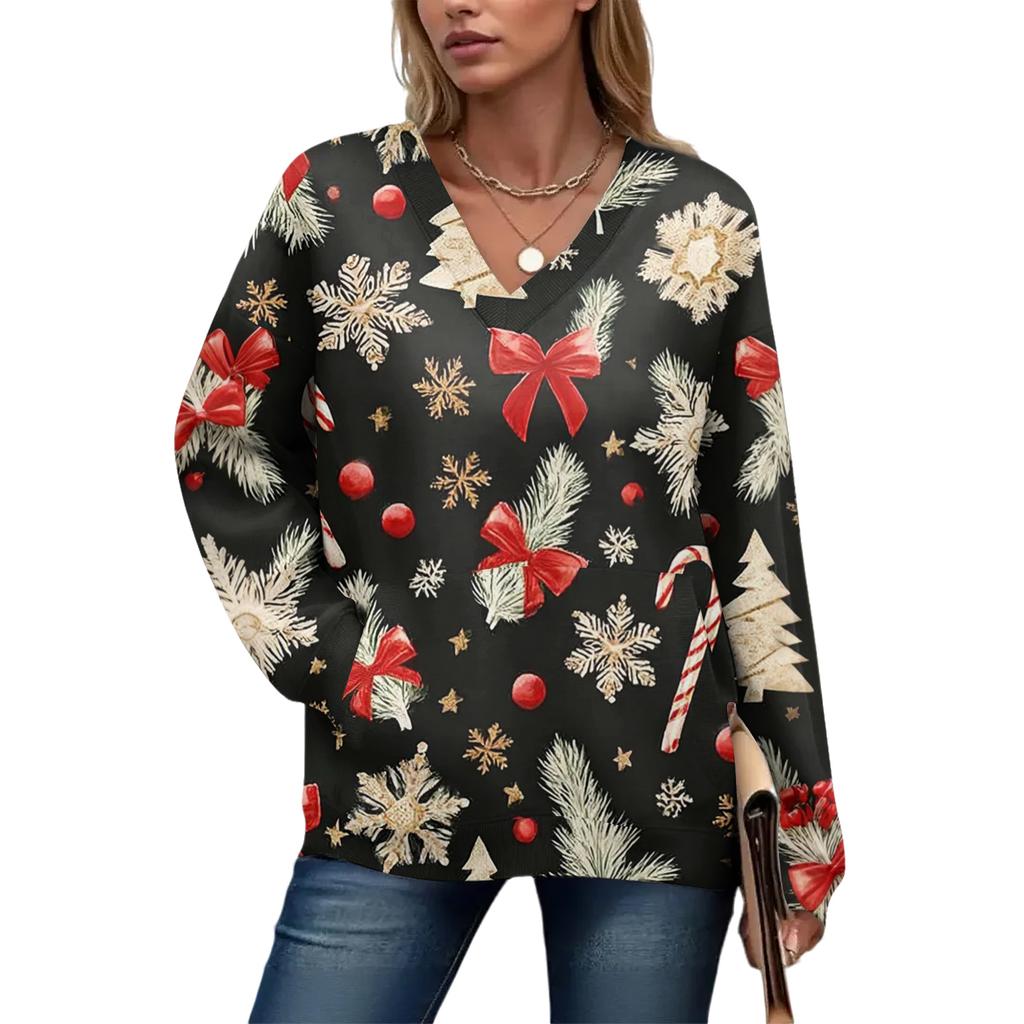 Women's Casual And Fashionable Christmas Print Long-Sleeved Top