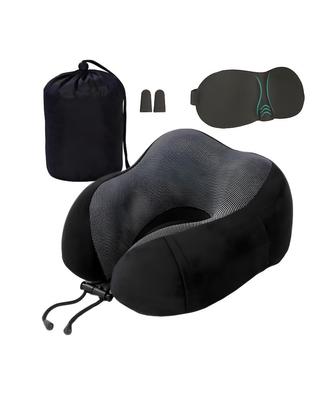 KIKAI CHANCE Neck Pillow with Eye Mask and Earplugs Airplane Memory Foam Neck Pillow with Washable Portable Travel Pillow Set, Comfort, Cover, (Black)