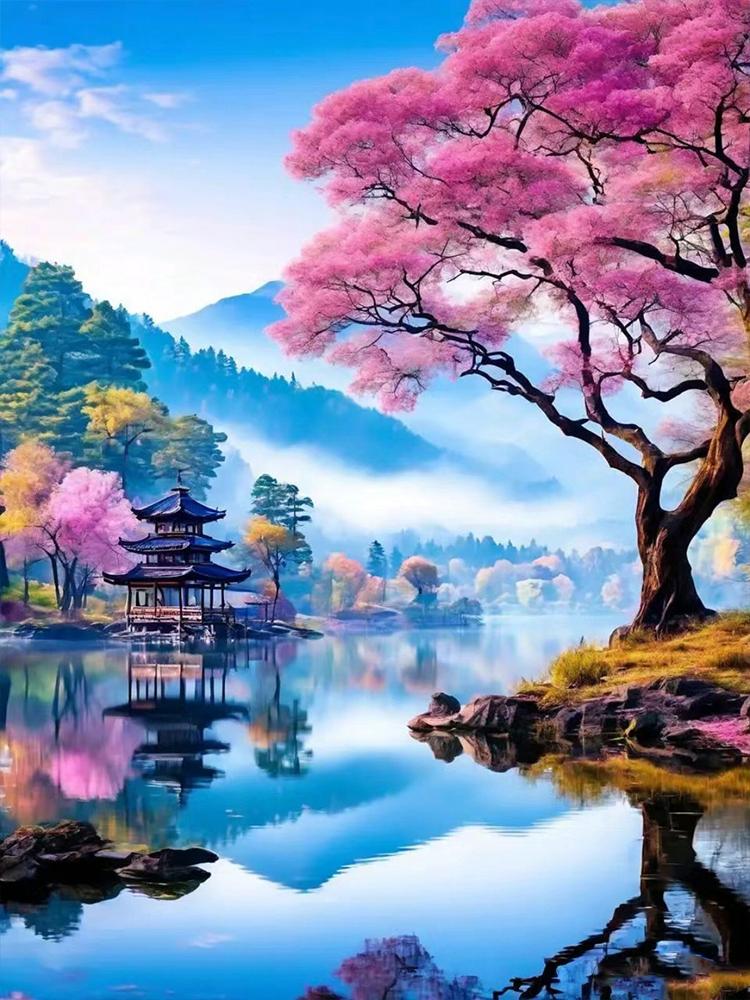 5D DIY Diamond Painting Landscape Mosaic Landscape Mountains and SeasSakura Tree Cross Embroidery Home Wall Art Decoration