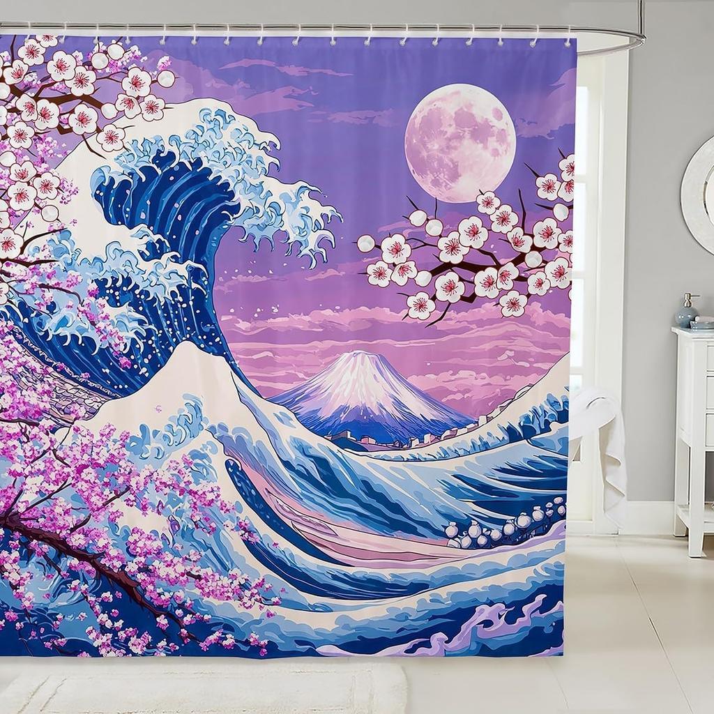 Japanese Koi Fish Shower Curtain Cherry Blossoms Bath Curtain Kids Boys Girls Botanical Flowers Floral Print Bathroom Shower