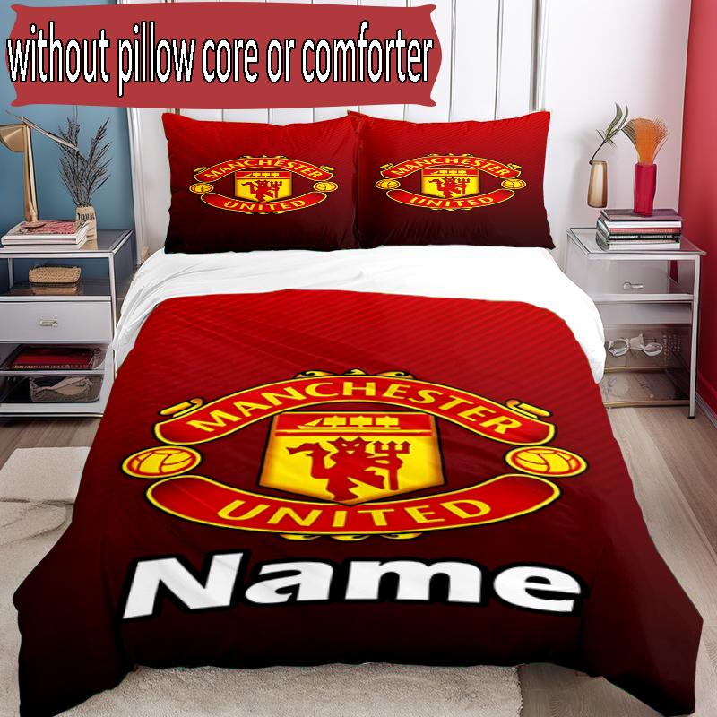 3pcs Duvet Cover Set (1*Duvet Cover + 2*Pillowcase, Without Core), Custom Name Manchester Football F.C Pattern Bedding Set, Home Bedroom Decor Gift