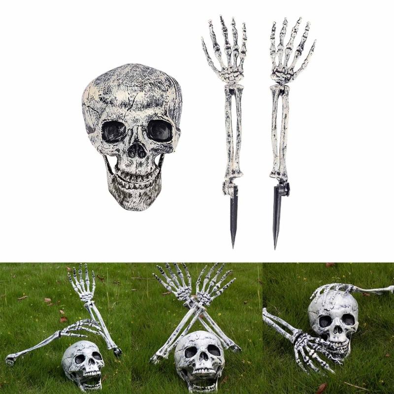 Halloween Skull Hand Arm Yard Stake Lifelike Skeleton for Head Figurine Garden Decoration Haunted House Props