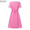 ZANZEA Women Casual Lace Up V-Neck Short Sleeve Print Dress
