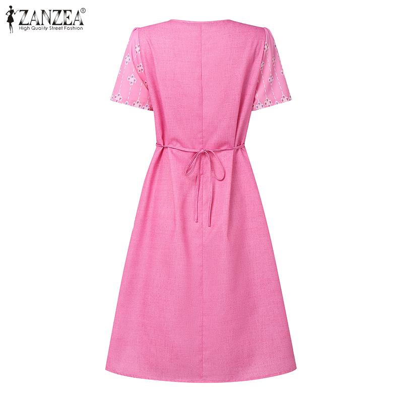 ZANZEA Women Casual Lace Up V-Neck Short Sleeve Print Dress