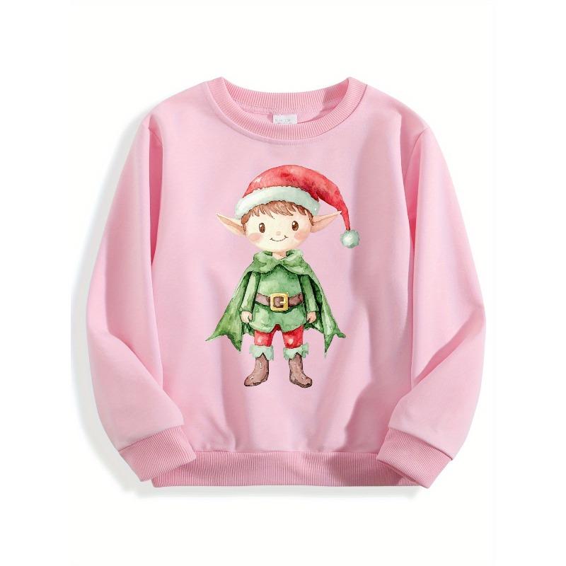 European sizes Kids' Black Elf Print Christmas Sweater with Red & White Elf Design - Cozy Long Sleeve Round Neck Pullover