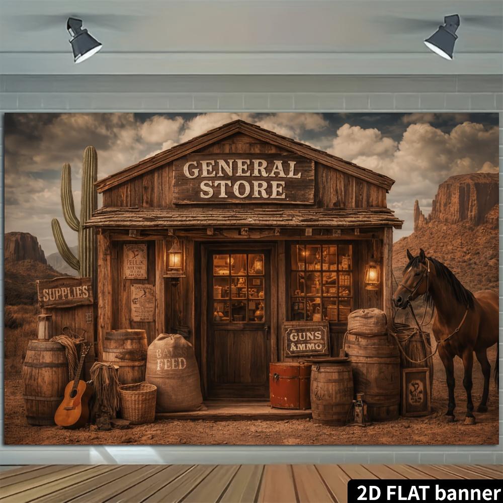 2D plane 1 piece of western comprehensive store with horse elements desert cactus mountain scene (as the picture,100x150cm)