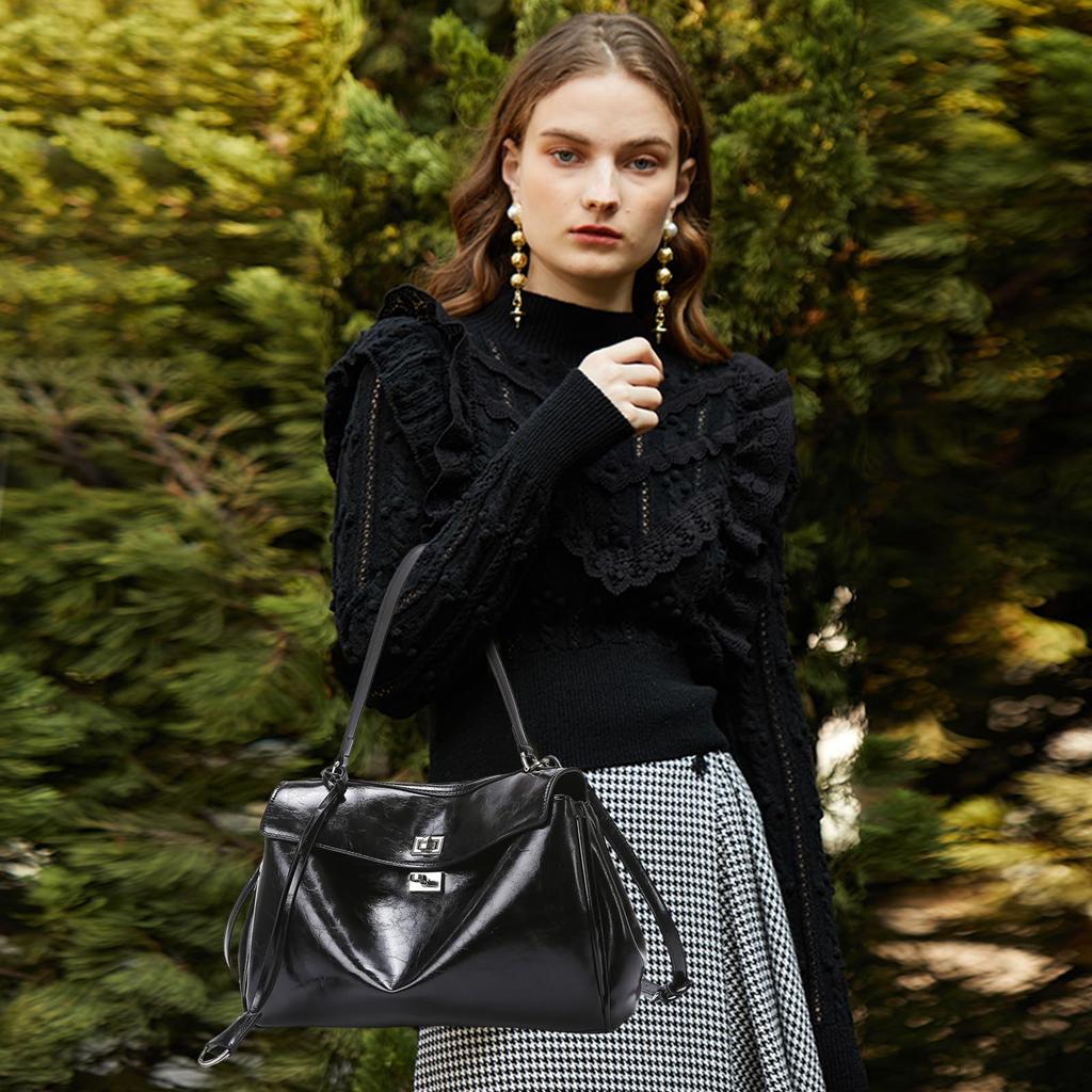 NICOLE & DORIS Women's Popular Handbag, Black Shoulder Bag, 2-Way, Double-Layer Design, Large Capacity, Perfect for School Entrance Ceremonies and