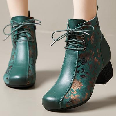 Fashion GKTINOO Genuine Leather Ankle Boots 2025 Winter New Ethnic Printed Women's Boots Soft Soles Thick Heels Mother's Leather Boots
