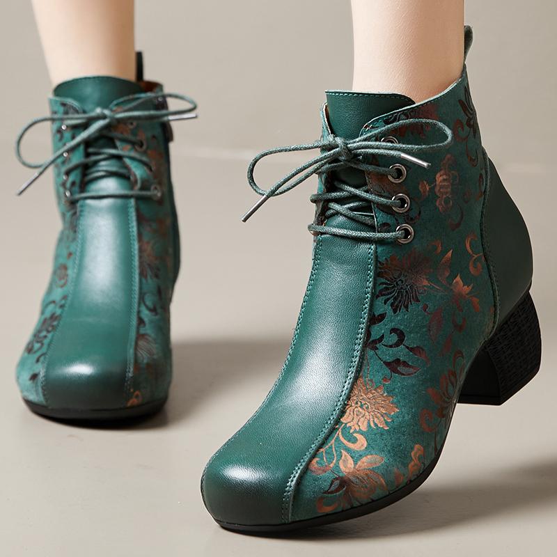 Fashion GKTINOO Genuine Leather Ankle Boots 2025 Winter New Ethnic Printed Women's Boots Soft Soles Thick Heels Mother's Leather Boots