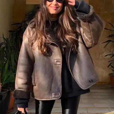 2024 Wysokiej Jakości Zima Kobiety Vintage Długi Rękaw Ciepły Sztuczny Polar Kurtka Płaszcz Kobiecy Casual Solid Pocket Outwear Tops